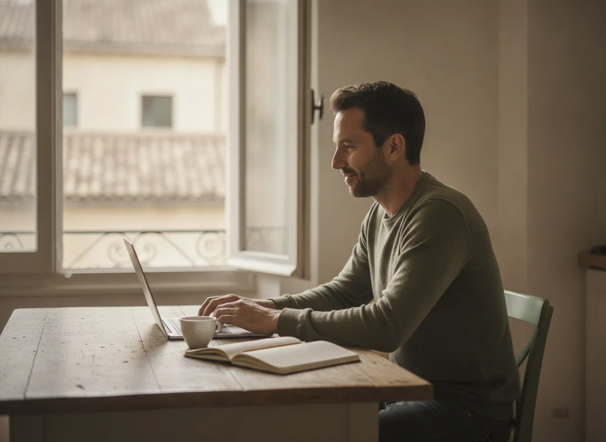 A founder working from an apartment abroad on a video call