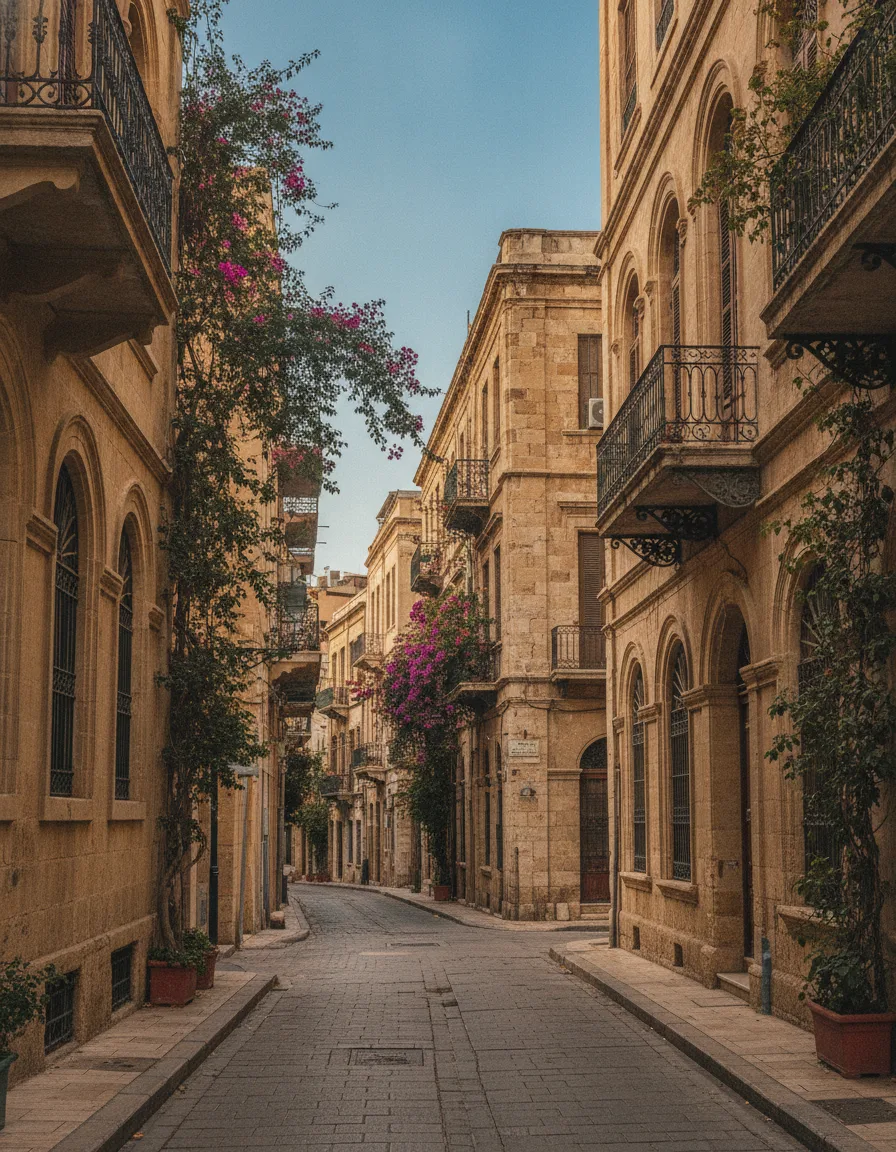 A quiet street of ochre buildings in Gemmayzeh, Beirut