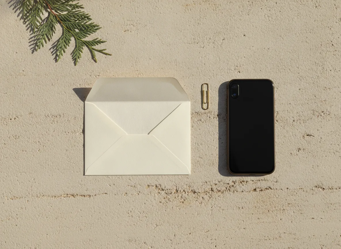 A cream envelope and a cedar sprig on a limestone desk