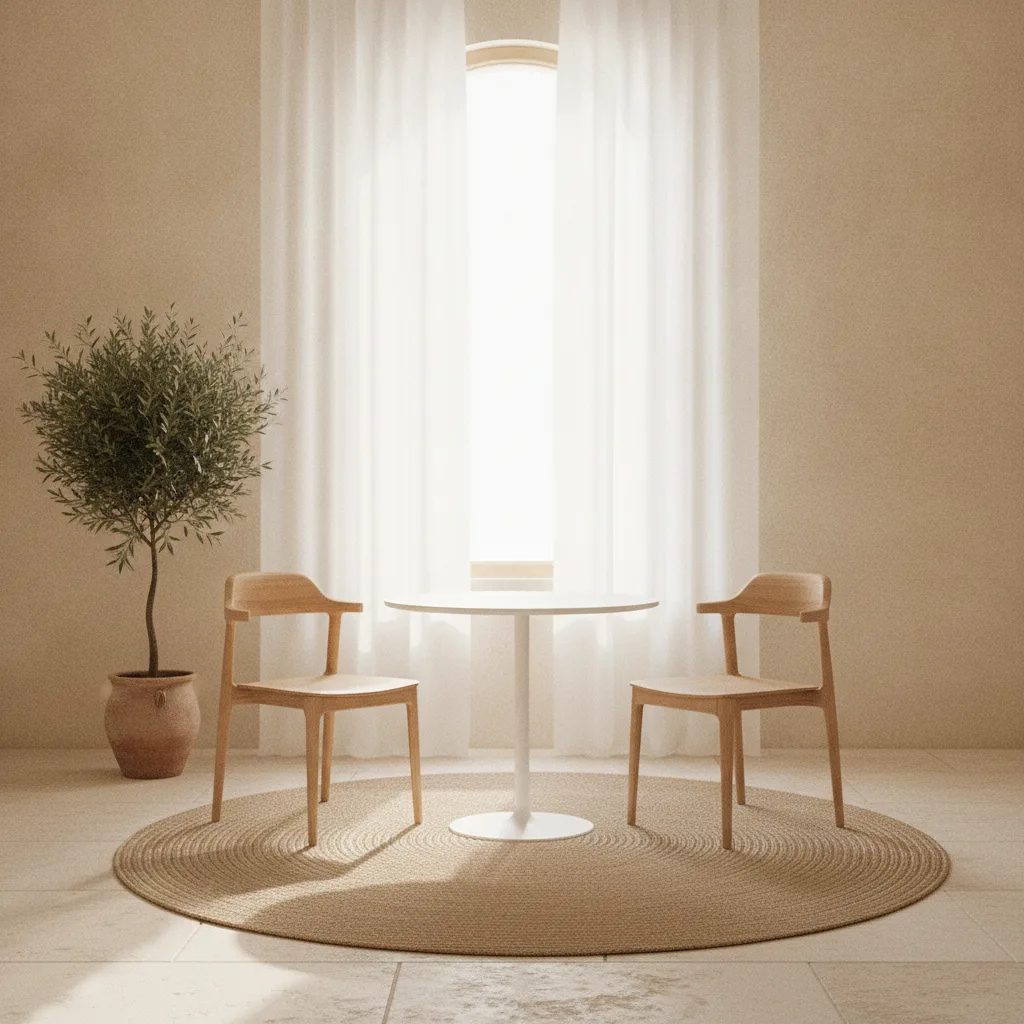 Two chairs facing each other by a bright window