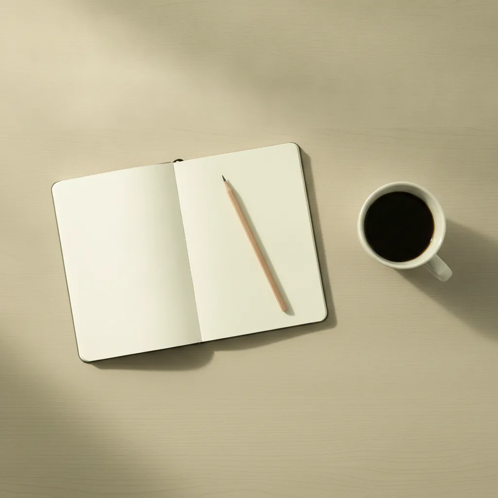 An open blank notebook, a pencil, and a cup of coffee on a desk