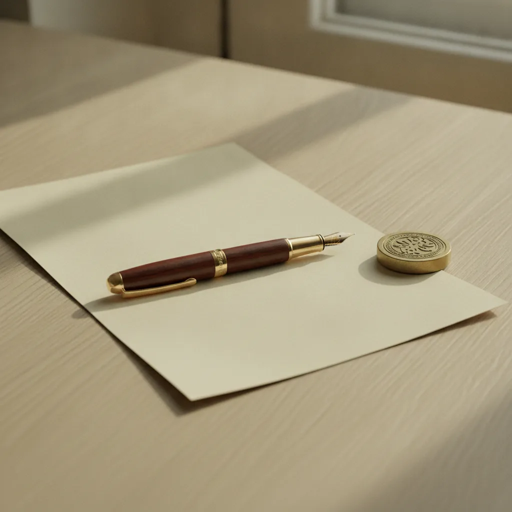 A fountain pen resting on a folded document