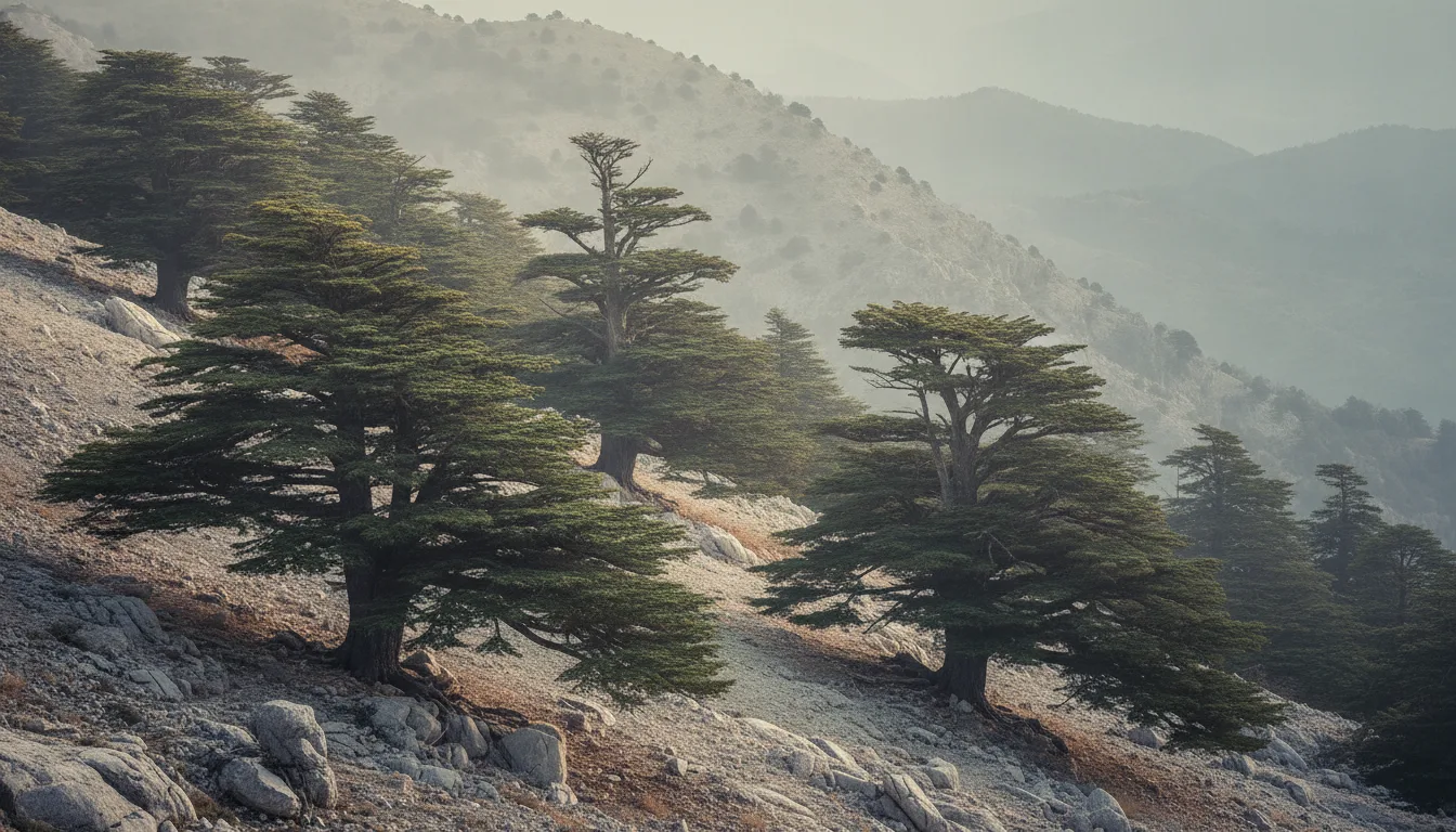 Ancient cedar trees on a misty mountain slope